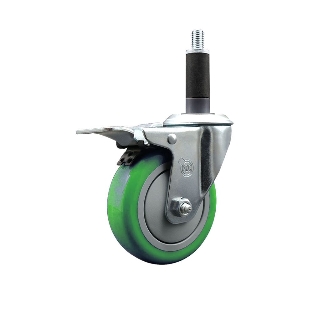 Polyurethane Expanding Stem Swivel Caster with 4 Inch Green Wheel and 1" Stem & Total Locking Brake - 350 lbs. Capacity Per Caster - Service Caster Brand — photo 1