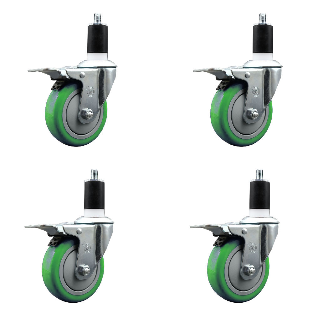 Stainless Steel Polyurethane Swivel Expanding Stem Caster Set of 4 with 4 Inch Green Wheels and 1-1/2" Stems-Includes 4 Swivel with Total Locking Brake-350lbs. Capacity Per Caster-Service Caster Brand — photo 1