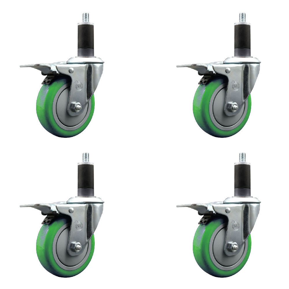 Stainless Steel Polyurethane Swivel Expanding Stem Caster Set of 4 with 4 Inch Green Wheels and 1-1/4" Stems-Includes 4 Swivel with Total Locking Brake-350lbs. Capacity Per Caster-Service Caster Brand — photo 1