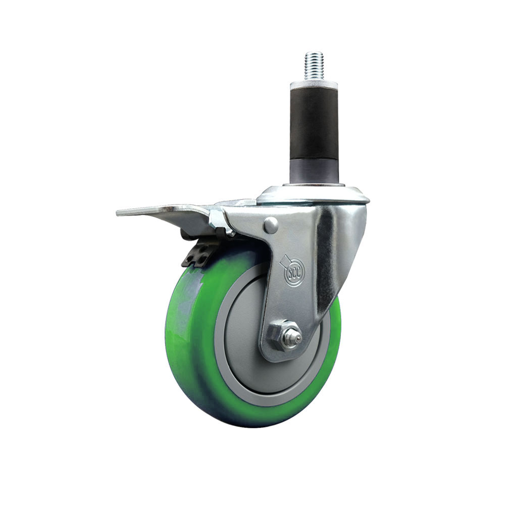 Stainless Steel Polyurethane Expanding Stem Swivel Caster with 4 Inch Green Wheel and 1-1/4" Stem & Total Locking Brake - 350 lbs. Capacity Per Caster - Service Caster Brand — photo 1