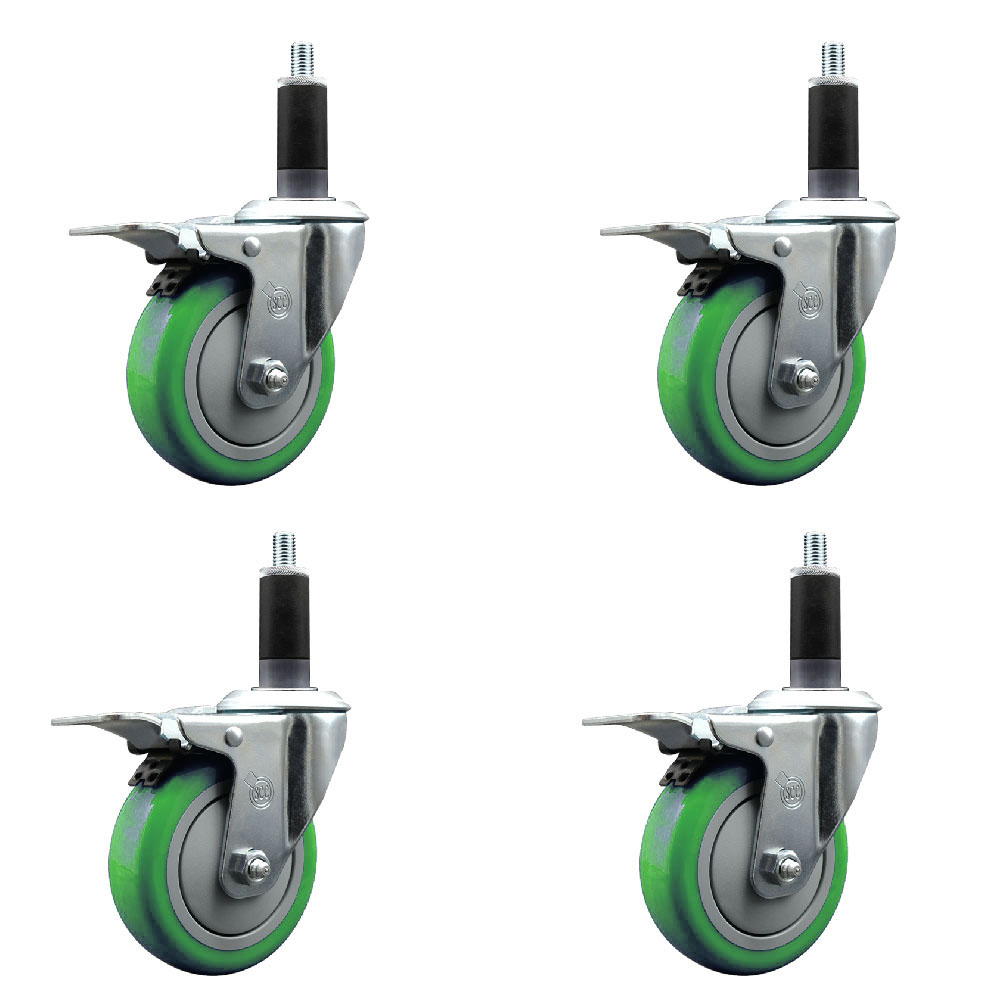 Polyurethane Swivel Expanding Stem Caster Set of 4 with 4 Inch Green Wheels and 1-1/8" Stems - Includes 4 Swivel with Total Locking Brakes - 350 lbs. Capacity Per Caster - Service Caster Brand — photo 1
