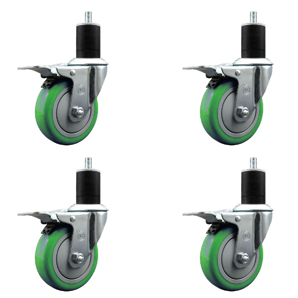 Stainless Steel Polyurethane Swivel Expanding Stem Caster Set of 4 with 4 Inch Green Wheels and 1-3/4" Stems-Includes 4 Swivel with Total Locking Brake-350lbs. Capacity Per Caster-Service Caster Brand — photo 1