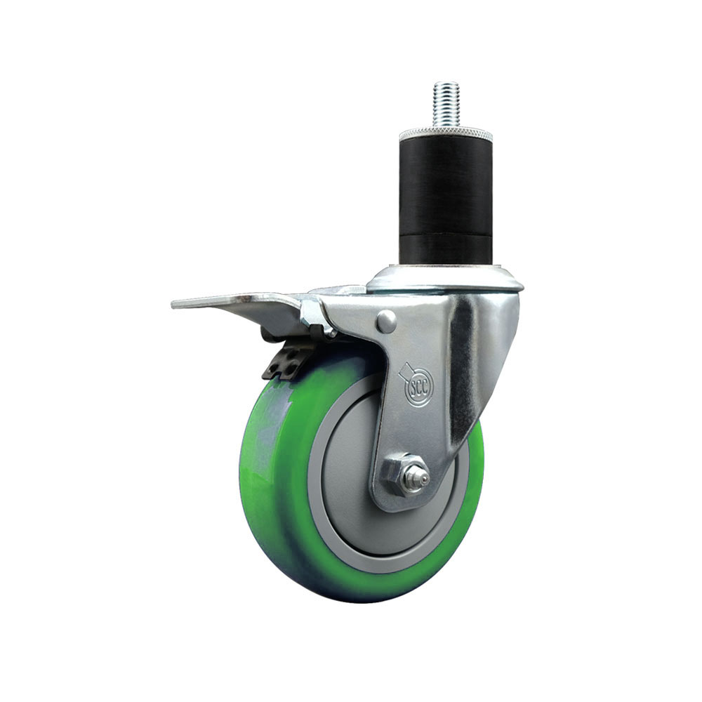Polyurethane Expanding Stem Swivel Caster with 4 Inch Green Wheel and 1-3/4" Stem & Total Locking Brake - 350 lbs. Capacity Per Caster - Service Caster Brand — photo 1