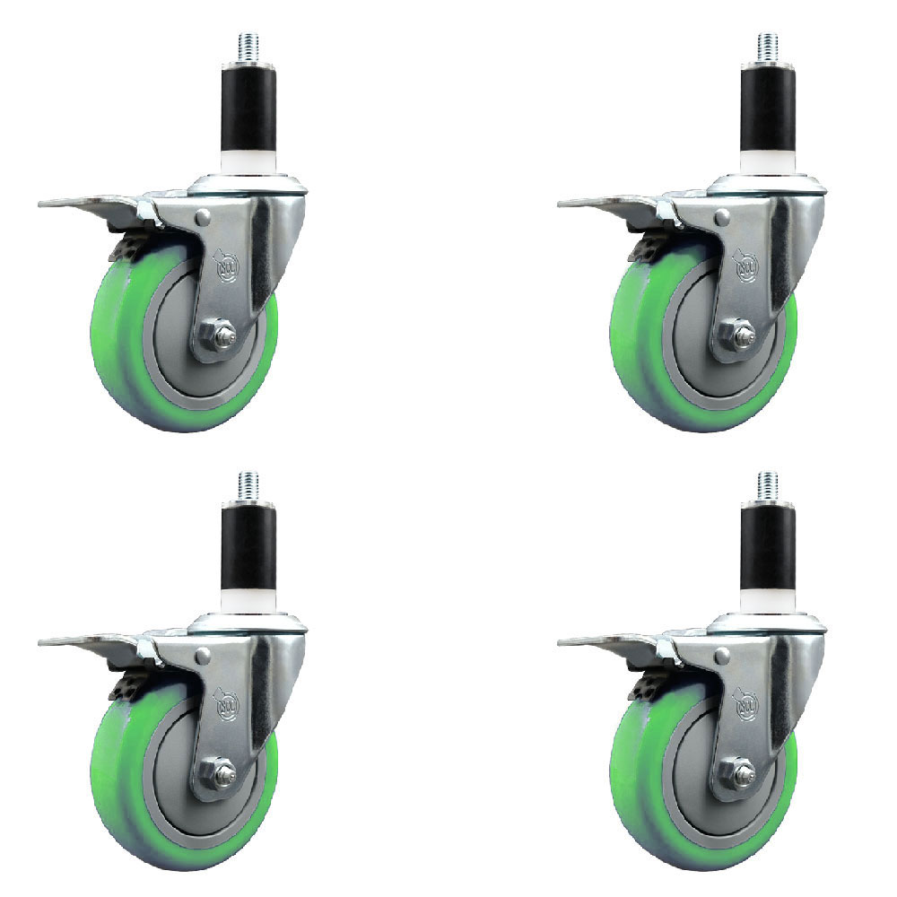 Stainless Steel Polyurethane Swivel Expanding Stem Caster Set of 4 with 4 Inch Green Wheels and 1-3/8" Stems-Includes 4 Swivel with Total Locking Brake-350lbs. Capacity Per Caster-Service Caster Brand — photo 1