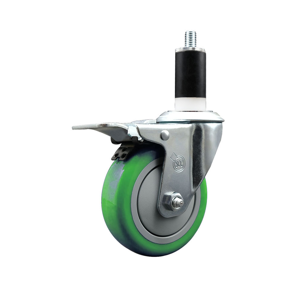 Polyurethane Expanding Stem Swivel Caster with 4 Inch Green Wheel and 1-3/8" Stem & Total Locking Brake - 350 lbs. Capacity Per Caster - Service Caster Brand — photo 1