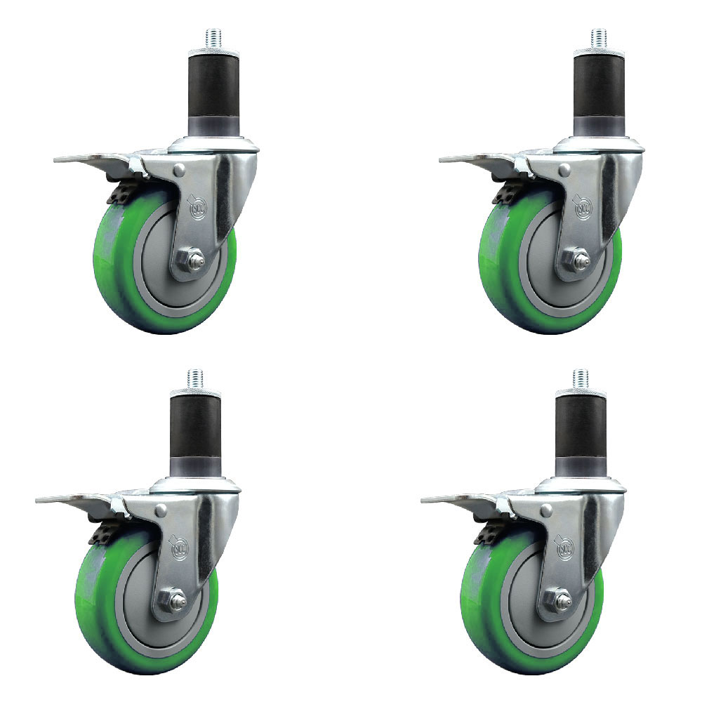 Stainless Steel Polyurethane Swivel Expanding Stem Caster Set of 4 with 4 Inch Green Wheels and 1-5/8" Stems-Includes 4 Swivel with Total Locking Brake-350lbs. Capacity Per Caster-Service Caster Brand — photo 1