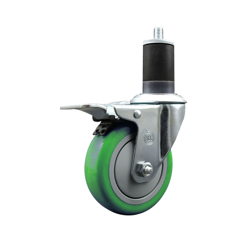 Stainless Steel Polyurethane Expanding Stem Swivel Caster with 4 Inch Green Wheel and 1-5/8" Stem & Total Locking Brake - 350 lbs. Capacity Per Caster - Service Caster Brand — photo 1