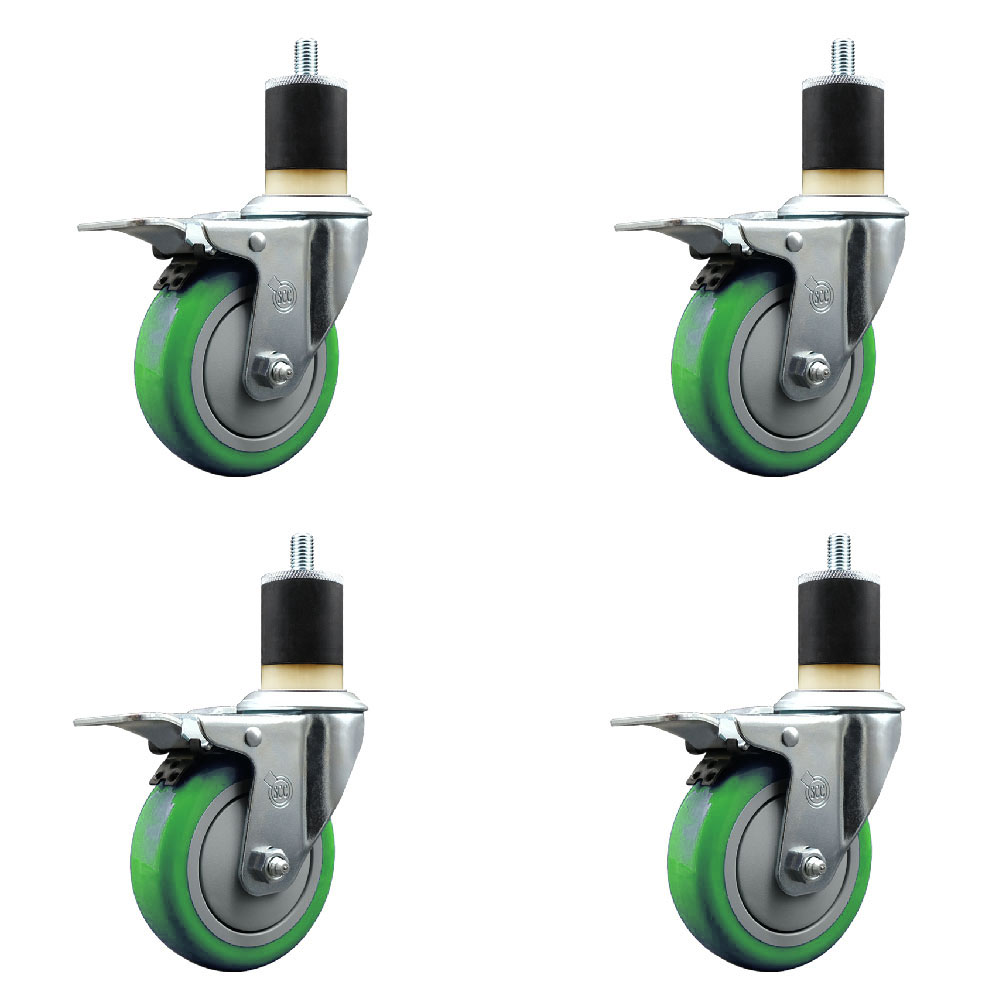 Stainless Steel Polyurethane Swivel Expanding Stem Caster Set of 4 with 4 Inch Green Wheels and 1-7/8" Stems-Includes 4 Swivel with Total Locking Brake-350lbs. Capacity Per Caster-Service Caster Brand — photo 1