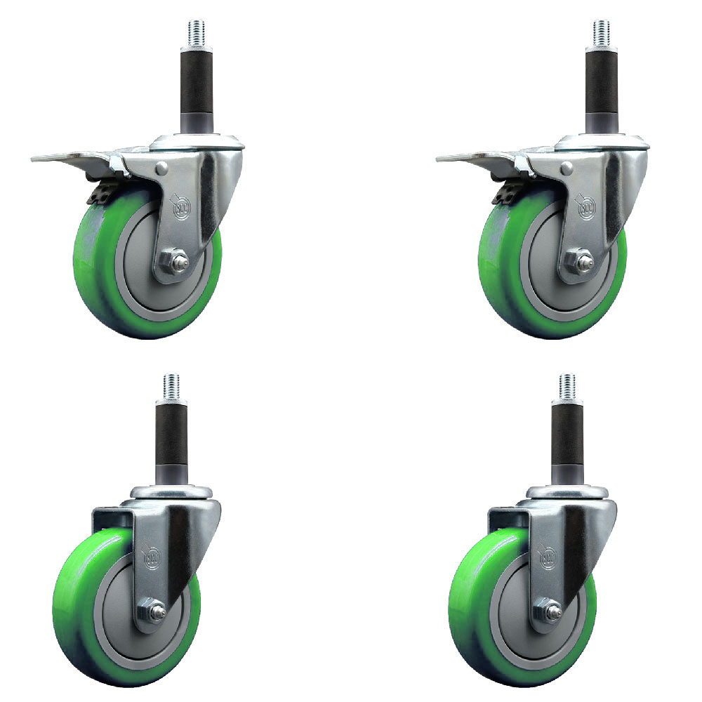 Polyurethane Swivel Expanding Stem Caster Set of 4 with 4 Inch Green Wheels and 1" Stems - Includes 2 with Total Locking Brakes - 1400 lbs Total Capacity - Service Caster Brand — photo 1