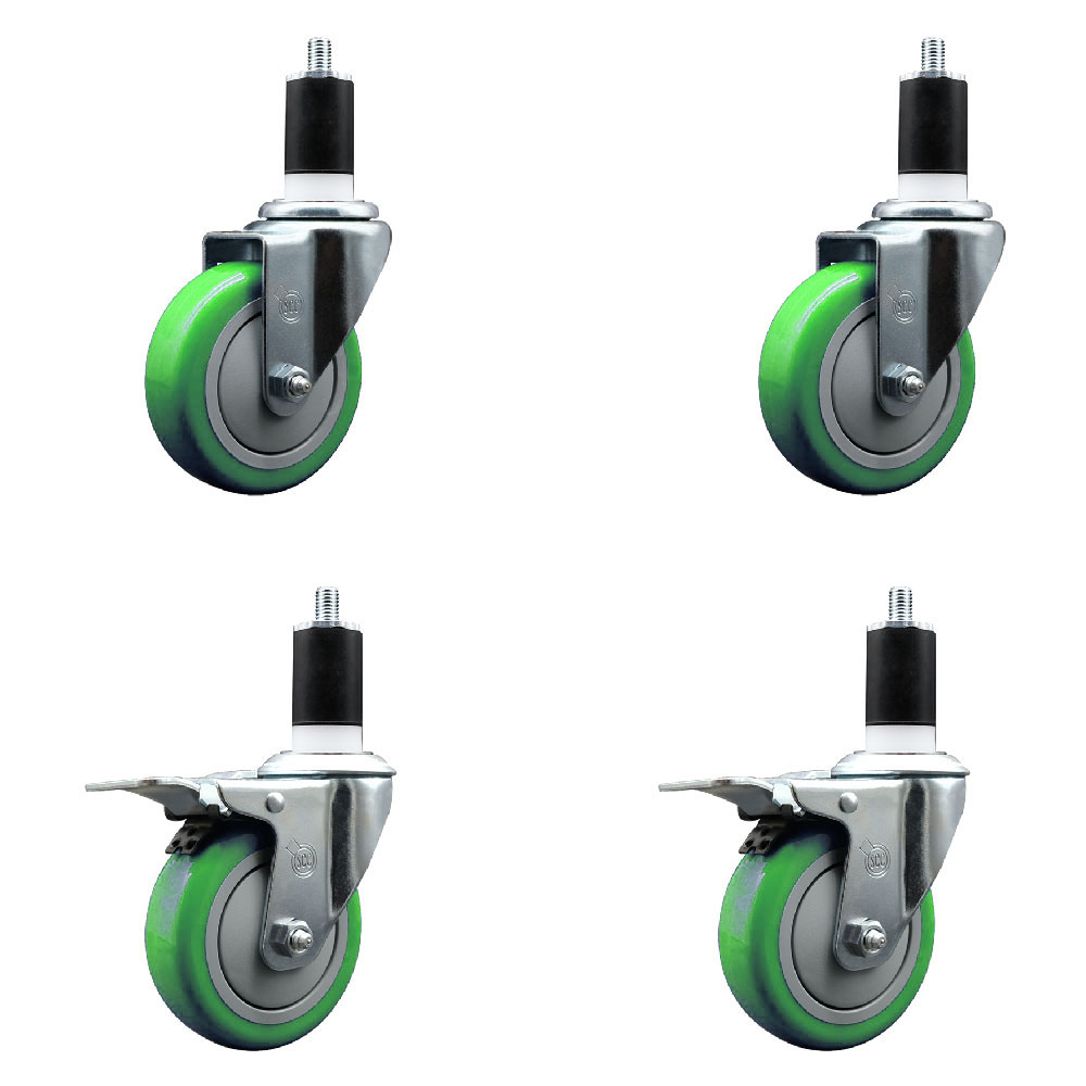 Stainless Steel Polyurethane Swivel Expanding Stem Caster Set of 4 with 4 Inch Green Wheels and 1-1/2" Stems - Includes 2 with Total Locking Brakes - 1400 lbs Total Capacity - Service Caster Brand — photo 1