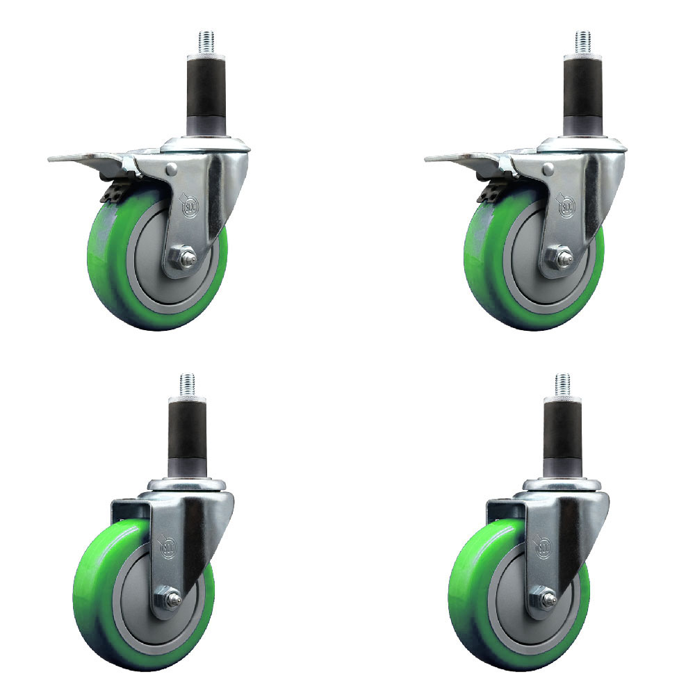 Stainless Steel Polyurethane Swivel Expanding Stem Caster Set of 4 with 4 Inch Green Wheels and 1-1/4" Stems - Includes 2 with Total Locking Brakes - 1400 lbs Total Capacity - Service Caster Brand — photo 1