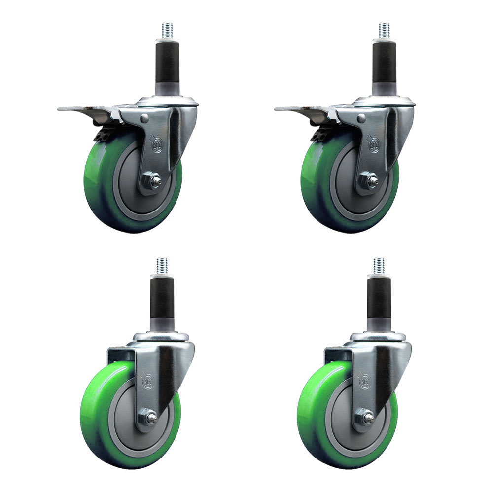 Stainless Steel Polyurethane Swivel Expanding Stem Caster Set of 4 with 4 Inch Green Wheels and 1-1/8" Stems - Includes 2 with Total Locking Brakes - 1400 lbs Total Capacity - Service Caster Brand — photo 1