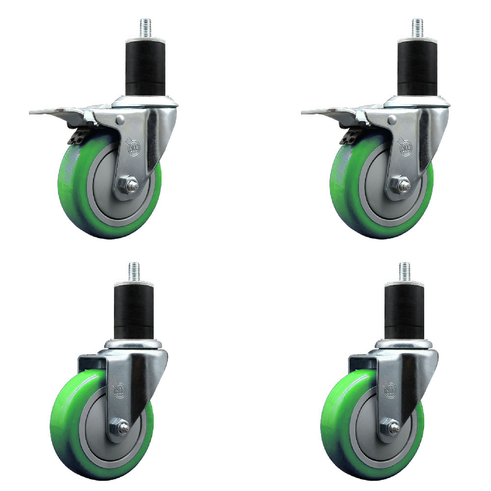 Stainless Steel Polyurethane Swivel Expanding Stem Caster Set of 4 with 4 Inch Green Wheels and 1-3/4" Stems - Includes 2 with Total Locking Brakes - 1400 lbs Total Capacity - Service Caster Brand — photo 1