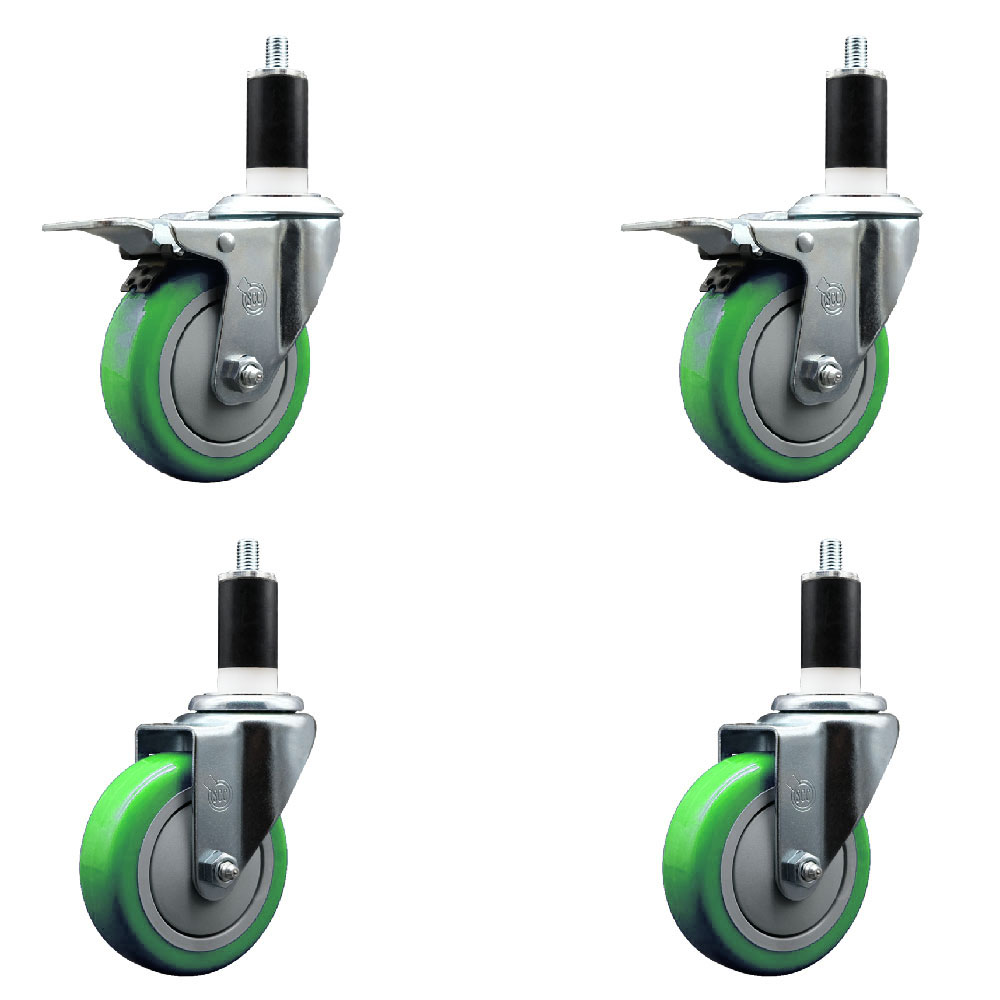 Polyurethane Swivel Expanding Stem Caster Set of 4 with 4 Inch Green Wheels and 1-3/8" Stems - Includes 2 with Total Locking Brakes - 1400 lbs Total Capacity - Service Caster Brand — photo 1