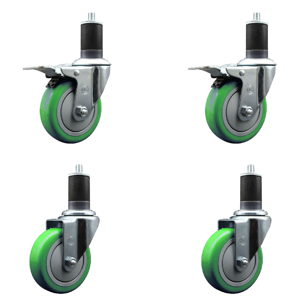 Stainless Steel Polyurethane Swivel Expanding Stem Caster Set of 4 with 4 Inch Green Wheels and 1-5/8" Stems - Includes 2 with Total Locking Brakes - 1400 lbs Total Capacity - Service Caster Brand — photo 1