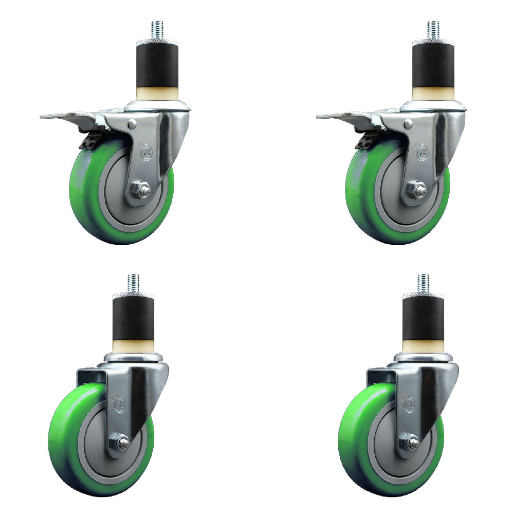 Stainless Steel Polyurethane Swivel Expanding Stem Caster Set of 4 with 4 Inch Green Wheels and 1-7/8" Stems - Includes 2 with Total Locking Brakes - 1400 lbs Total Capacity - Service Caster Brand — photo 1