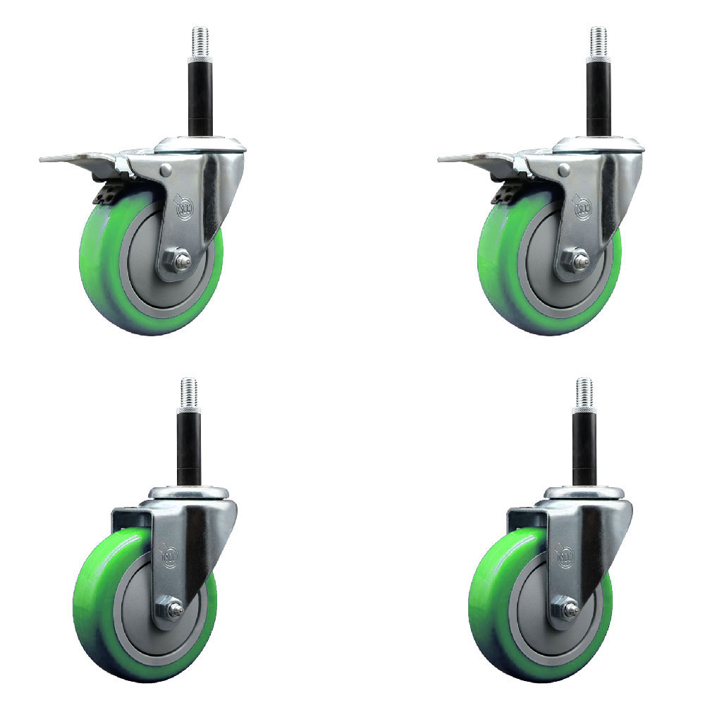 Stainless Steel Polyurethane Swivel Expanding Stem Caster Set of 4 with 4 Inch Green Wheels and 3/4" Stems - Includes 2 with Total Locking Brakes - 1400 lbs Total Capacity - Service Caster Brand — photo 1