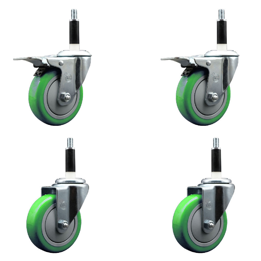 Stainless Steel Polyurethane Swivel Expanding Stem Caster Set of 4 with 4 Inch Green Wheels and 7/8" Stems - Includes 2 with Total Locking Brakes - 1400 lbs Total Capacity - Service Caster Brand — photo 1