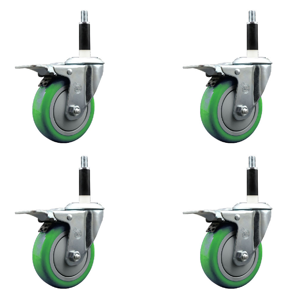 Polyurethane Swivel Expanding Stem Caster Set of 4 with 4 Inch Green Wheels and 7/8" Stems - Includes 4 Swivel with Total Locking Brakes - 350 lbs. Capacity Per Caster - Service Caster Brand — photo 1