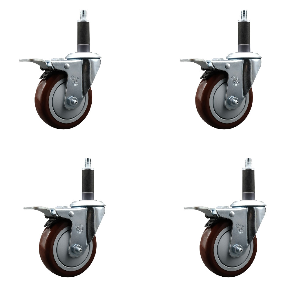 Polyurethane Swivel Expanding Stem Caster Set of 4 with 4 Inch Maroon Wheels and 1" Stems - Includes 4 Swivel with Total Locking Brakes - 350 lbs. Capacity Per Caster - Service Caster Brand — photo 1