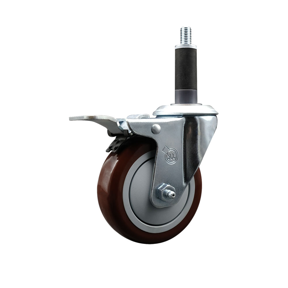 Stainless Steel Polyurethane Expanding Stem Swivel Caster with 4 Inch Maroon Wheel and 1" Stem & Total Locking Brake - 350 lbs. Capacity Per Caster - Service Caster Brand — photo 1