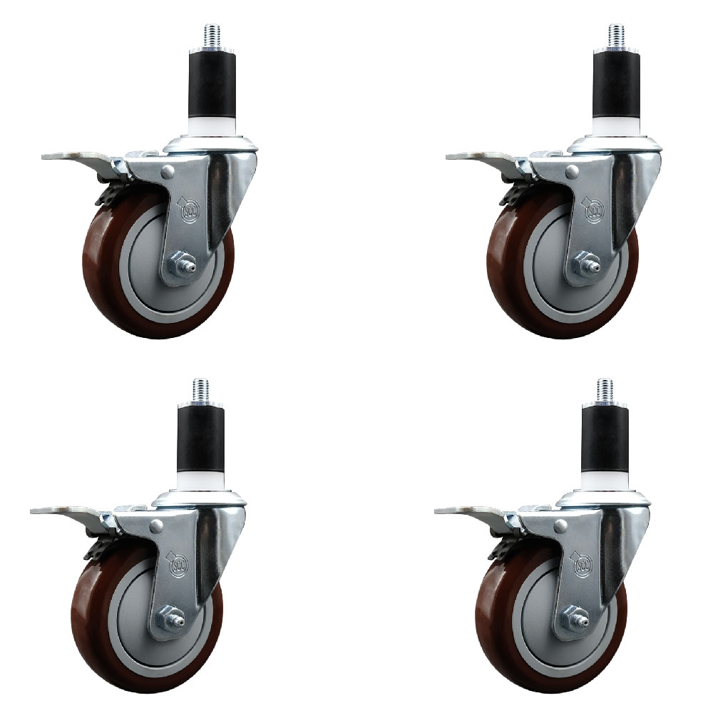 Polyurethane Swivel Expanding Stem Caster Set of 4 with 4 Inch Maroon Wheels and 1-1/2" Stems - Includes 4 Swivel with Total Locking Brakes - 350 lbs. Capacity Per Caster - Service Caster Brand — photo 1