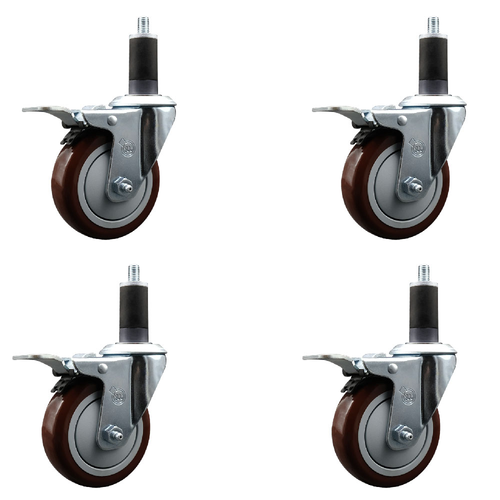 Stainless Steel Polyurethane Swivel Expanding Stem Caster Set of 4 with 4 Inch Maroon Wheels and 1-1/4" Stems - 4 Swivel with Total Locking Brakes - 350 lbs. Capacity Per Caster - Service Caster Brand — photo 1