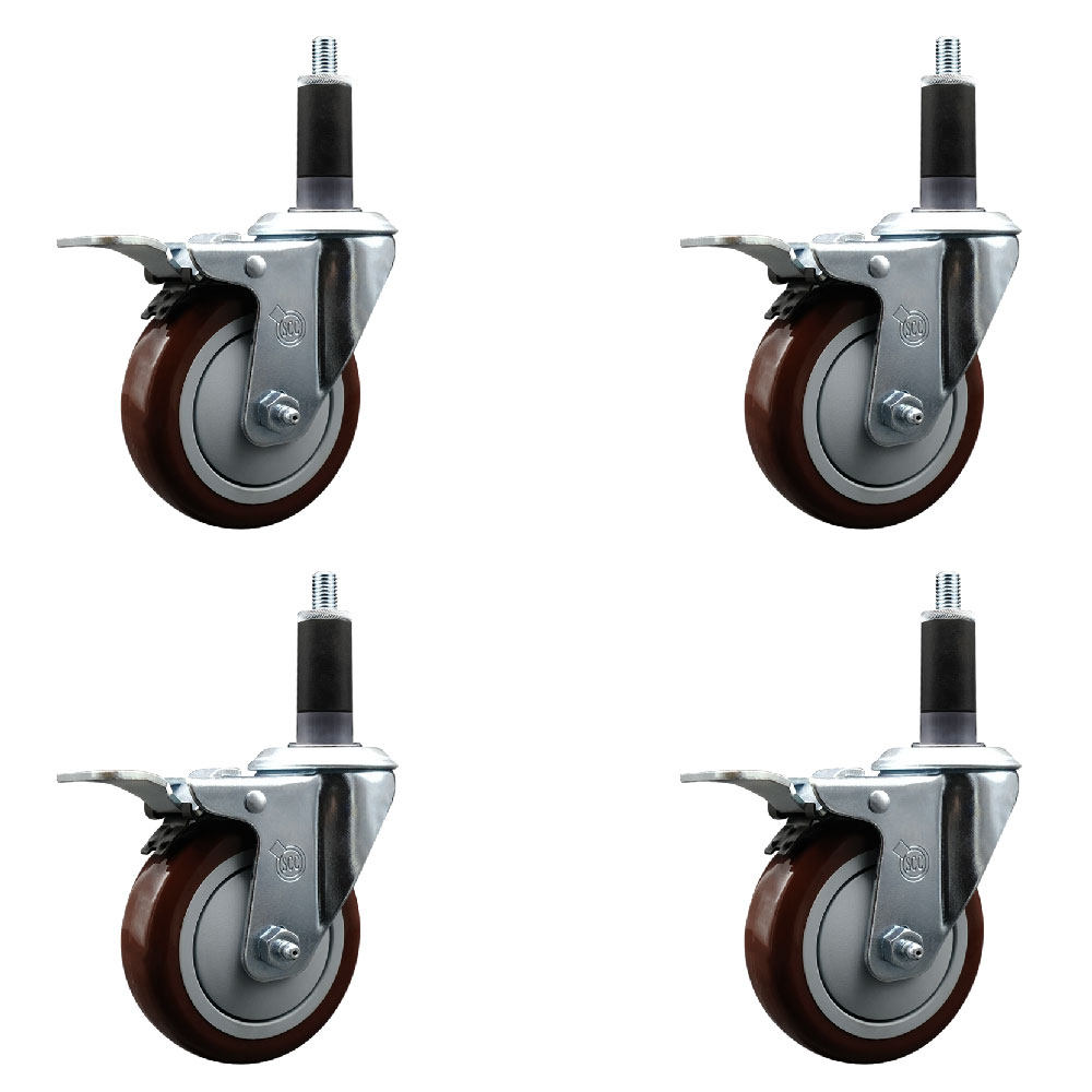 Stainless Steel Polyurethane Swivel Expanding Stem Caster Set of 4 with 4 Inch Maroon Wheels and 1-1/8" Stems - 4 Swivel with Total Locking Brakes - 350 lbs. Capacity Per Caster - Service Caster Brand — photo 1