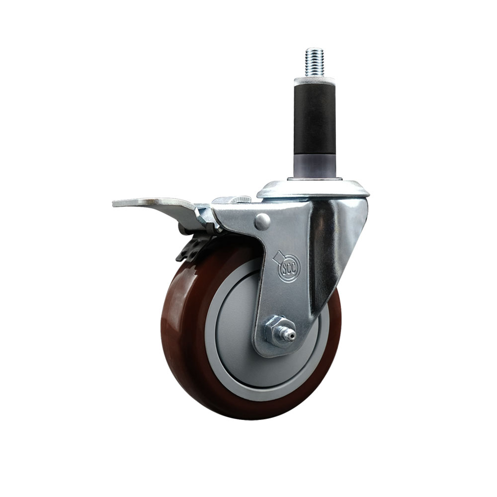 Polyurethane Expanding Stem Swivel Caster with 4 Inch Maroon Wheel and 1-1/8" Stem & Total Locking Brake - 350 lbs. Capacity Per Caster - Service Caster Brand — photo 1