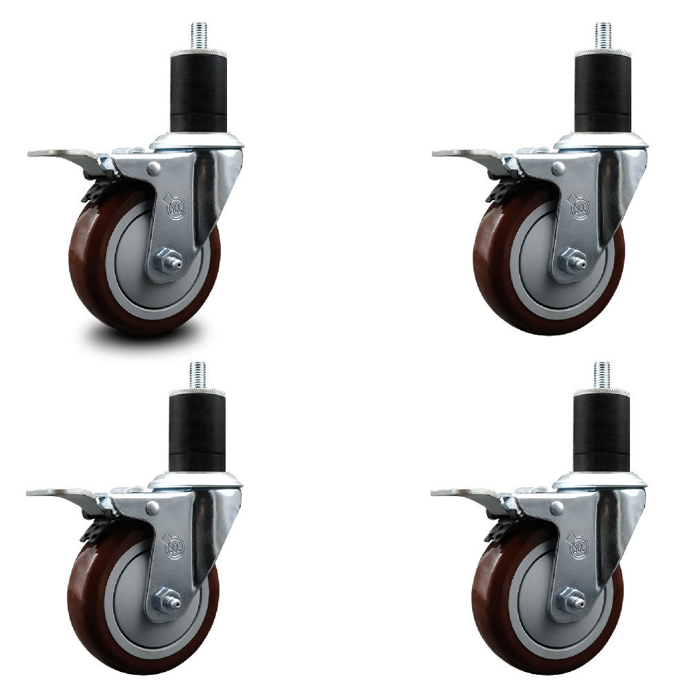 Polyurethane Swivel Expanding Stem Caster Set of 4 with 4 Inch Maroon Wheels and 1-3/4" Stems - Includes 4 Swivel with Total Locking Brakes - 350 lbs. Capacity Per Caster - Service Caster Brand — photo 1