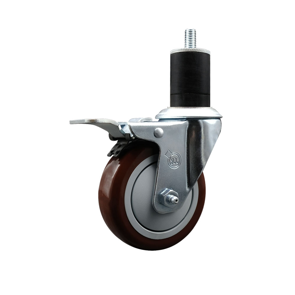 Polyurethane Expanding Stem Swivel Caster with 4 Inch Maroon Wheel and 1-3/4" Stem & Total Locking Brake - 350 lbs. Capacity Per Caster - Service Caster Brand — photo 1