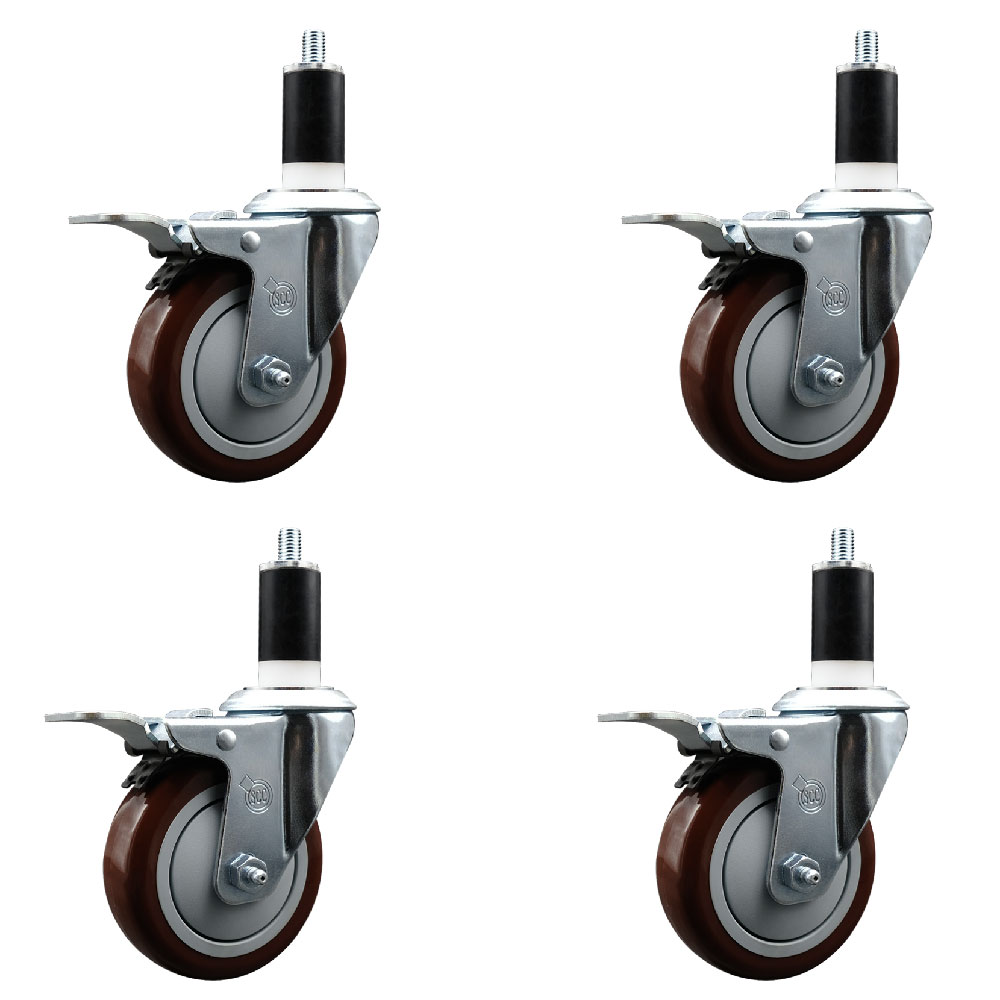 Stainless Steel Polyurethane Swivel Expanding Stem Caster Set of 4 with 4 Inch Maroon Wheels and 1-3/4" Stems - 4 Swivel with Total Locking Brakes - 350 lbs. Capacity Per Caster - Service Caster Brand — photo 1