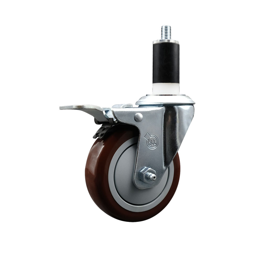 Polyurethane Expanding Stem Swivel Caster with 4 Inch Maroon Wheel and 1-3/8" Stem & Total Locking Brake - 350 lbs. Capacity Per Caster - Service Caster Brand — photo 1