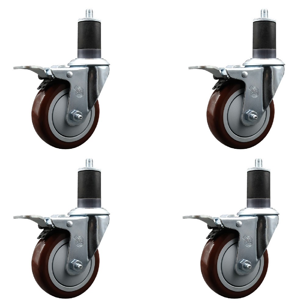 Stainless Steel Polyurethane Swivel Expanding Stem Caster Set of 4 with 4 Inch Maroon Wheels and 1-5/8" Stems - 4 Swivel with Total Locking Brakes - 350 lbs. Capacity Per Caster - Service Caster Brand — photo 1
