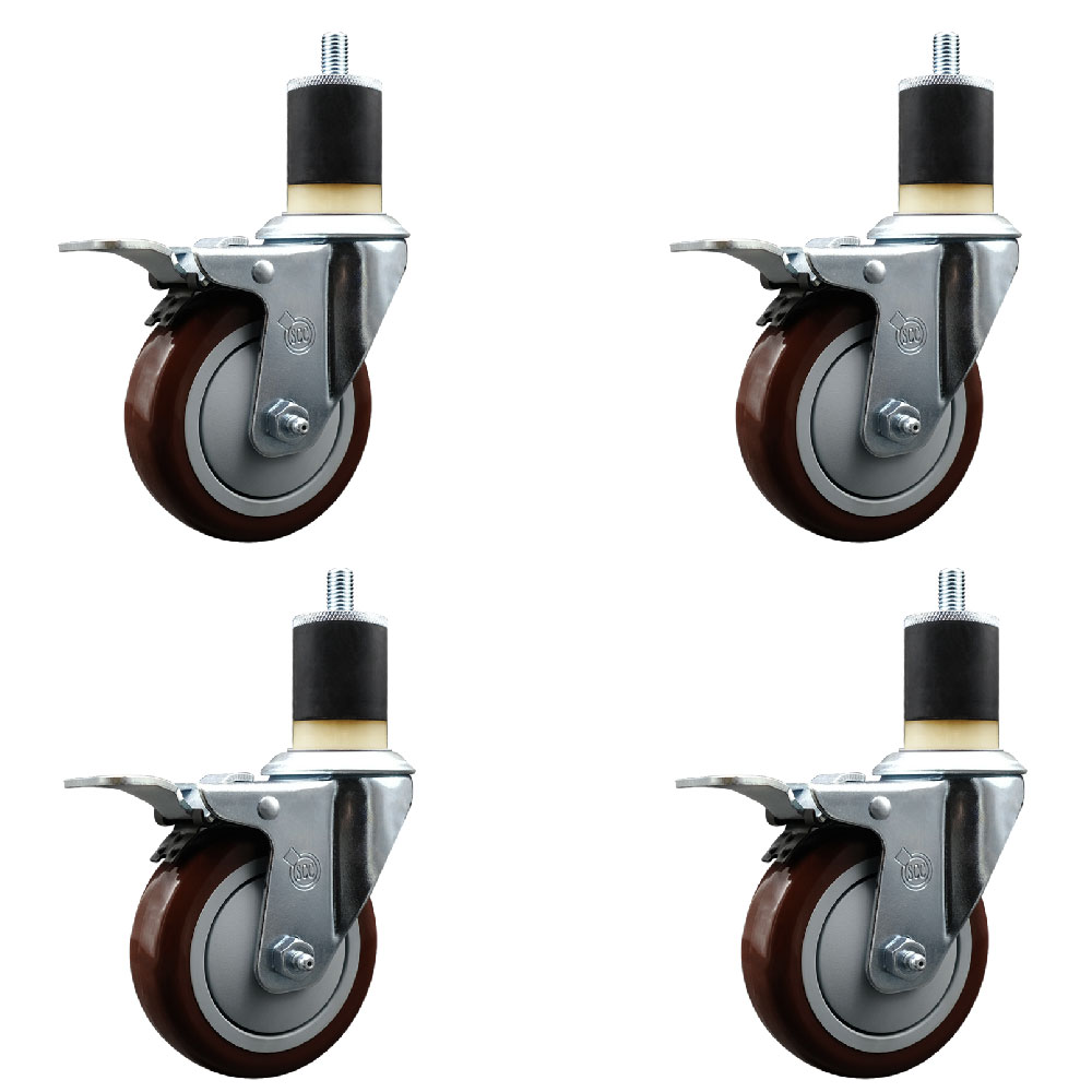 Polyurethane Swivel Expanding Stem Caster Set of 4 with 4 Inch Maroon Wheels and 1-7/8" Stems - Includes 4 Swivel with Total Locking Brakes - 350 lbs. Capacity Per Caster - Service Caster Brand — photo 1