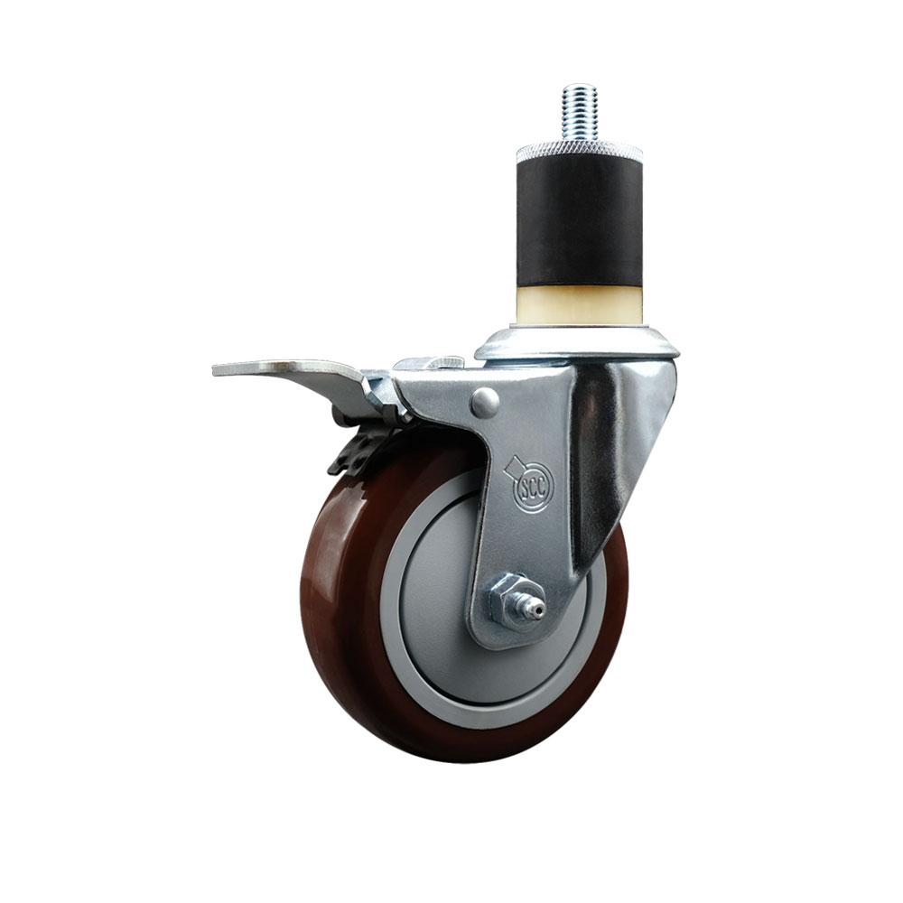 Polyurethane Expanding Stem Swivel Caster with 4 Inch Maroon Wheel and 1-7/8" Stem & Total Locking Brake - 350 lbs. Capacity Per Caster - Service Caster Brand — photo 1