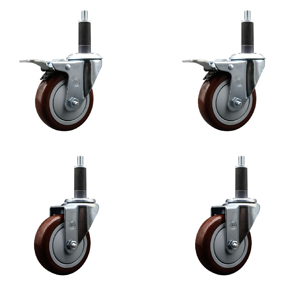 Polyurethane Swivel Expanding Stem Caster Set of 4 with 4 Inch Maroon Wheels and 1" Stems - Includes 2 with Total Locking Brakes - 1400 lbs Total Capacity - Service Caster Brand — photo 1