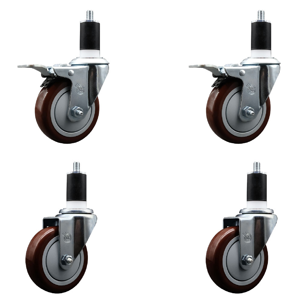 Stainless Steel Polyurethane Swivel Expanding Stem Caster Set of 4 with 4 Inch Maroon Wheels and 1-1/2" Stems - Includes 2 with Total Locking Brakes - 1400 lbs Total Capacity - Service Caster Brand — photo 1