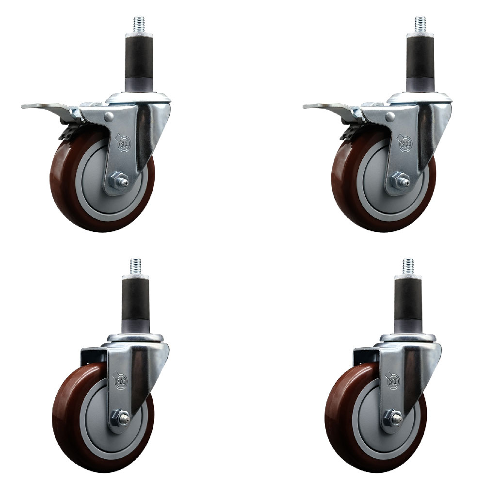 Polyurethane Swivel Expanding Stem Caster Set of 4 with 4 Inch Maroon Wheels and 1-1/4" Stems - Includes 2 with Total Locking Brakes - 1400 lbs Total Capacity - Service Caster Brand — photo 1