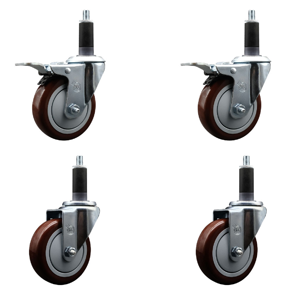 Polyurethane Swivel Expanding Stem Caster Set of 4 with 4 Inch Maroon Wheels and 1-1/8" Stems - Includes 2 with Total Locking Brakes - 1400 lbs Total Capacity - Service Caster Brand — photo 1