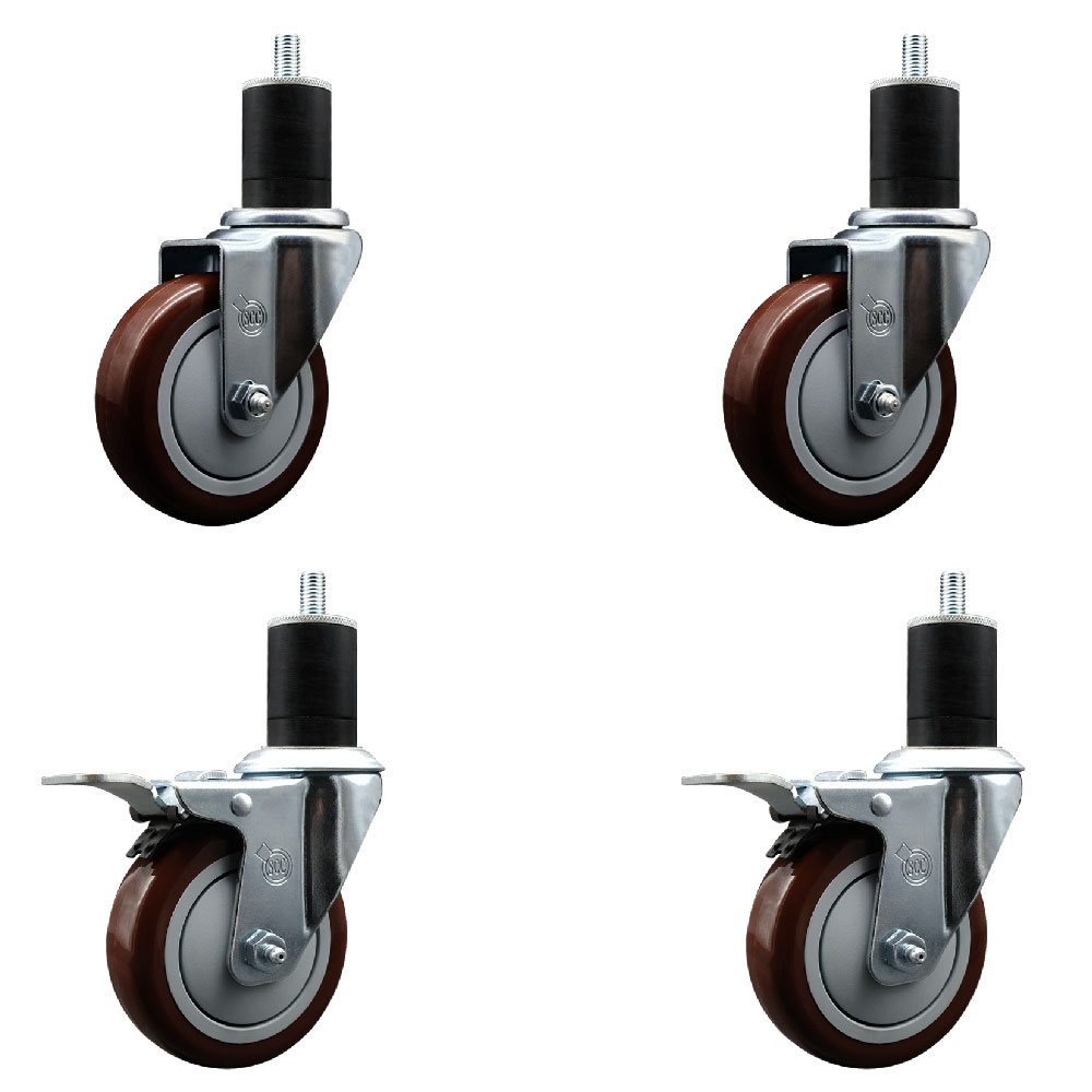 Stainless Steel Polyurethane Swivel Expanding Stem Caster Set of 4 with 4 Inch Maroon Wheels and 1-3/4" Stems - Includes 2 with Total Locking Brakes - 1400 lbs Total Capacity - Service Caster Brand — photo 1