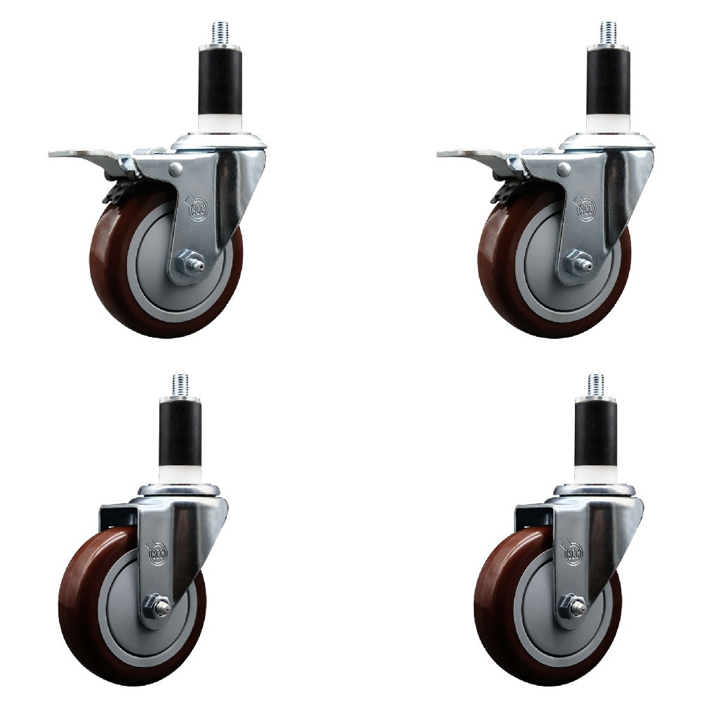 Polyurethane Swivel Expanding Stem Caster Set of 4 with 4 Inch Maroon Wheels and 1-3/8" Stems - Includes 2 with Total Locking Brakes - 1400 lbs Total Capacity - Service Caster Brand — photo 1