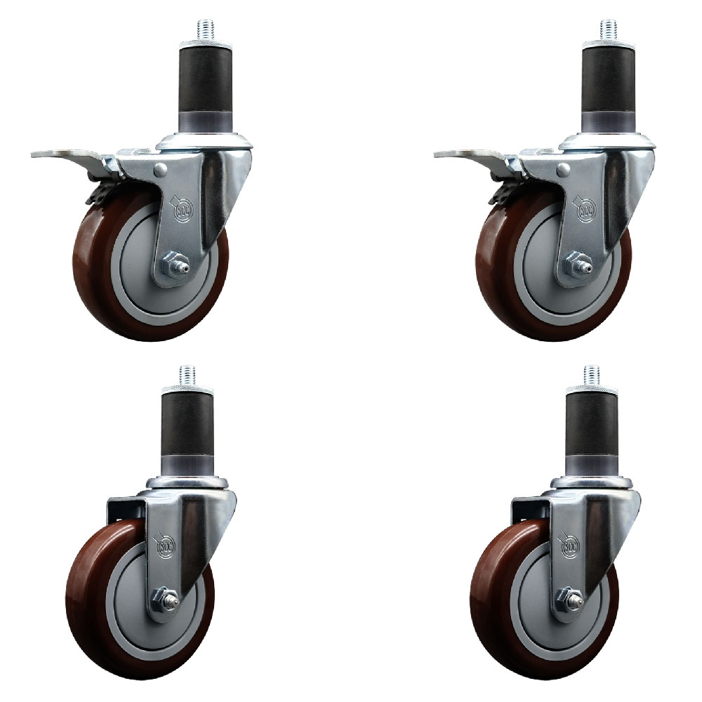Polyurethane Swivel Expanding Stem Caster Set of 4 with 4 Inch Maroon Wheels and 1-5/8" Stems - Includes 2 with Total Locking Brakes - 1400 lbs Total Capacity - Service Caster Brand — photo 1
