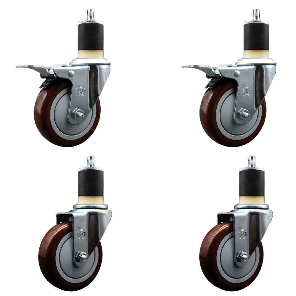 Polyurethane Swivel Expanding Stem Caster Set of 4 with 4 Inch Maroon Wheels and 1-7/8" Stems - Includes 2 with Total Locking Brakes - 1400 lbs Total Capacity - Service Caster Brand — photo 1