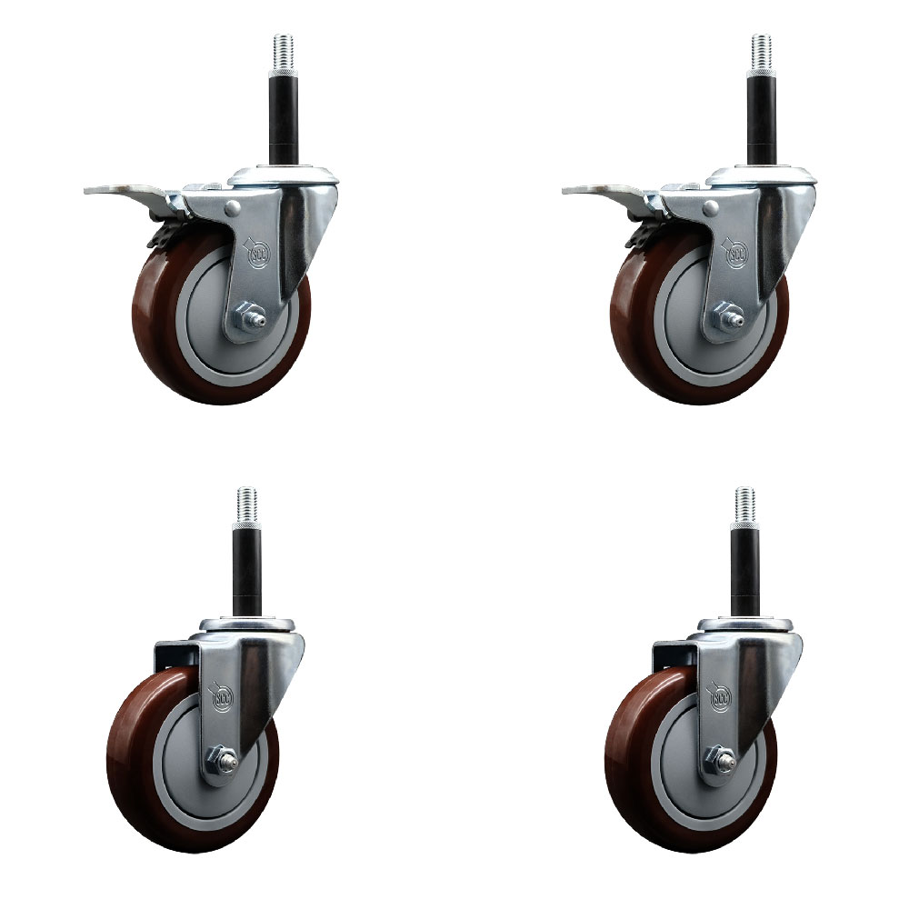 Polyurethane Swivel Expanding Stem Caster Set of 4 with 4 Inch Maroon Wheels and 3/4" Stems - Includes 2 with Total Locking Brakes - 1400 lbs Total Capacity - Service Caster Brand — photo 1