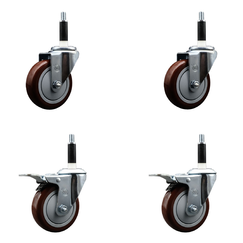 Stainless Steel Polyurethane Swivel Expanding Stem Caster Set of 4 with 4 Inch Maroon Wheels and 7/8" Stems - Includes 2 with Total Locking Brakes - 1400 lbs Total Capacity - Service Caster Brand — photo 1