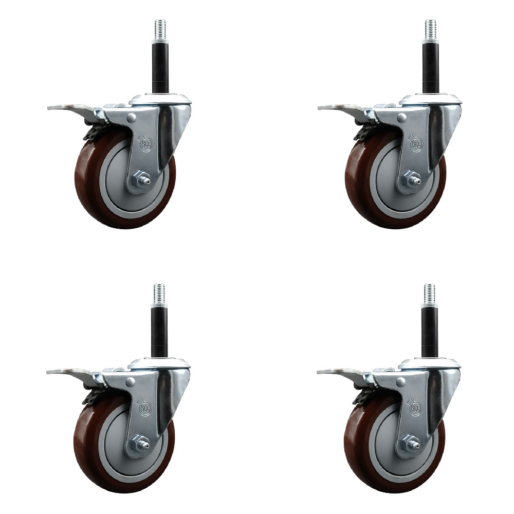 Stainless Steel Polyurethane Swivel Expanding Stem Caster Set of 4 with 4 Inch Maroon Wheels and 3/4" Stems - 4 Swivel with Total Locking Brakes - 350 lbs. Capacity Per Caster - Service Caster Brand — photo 1