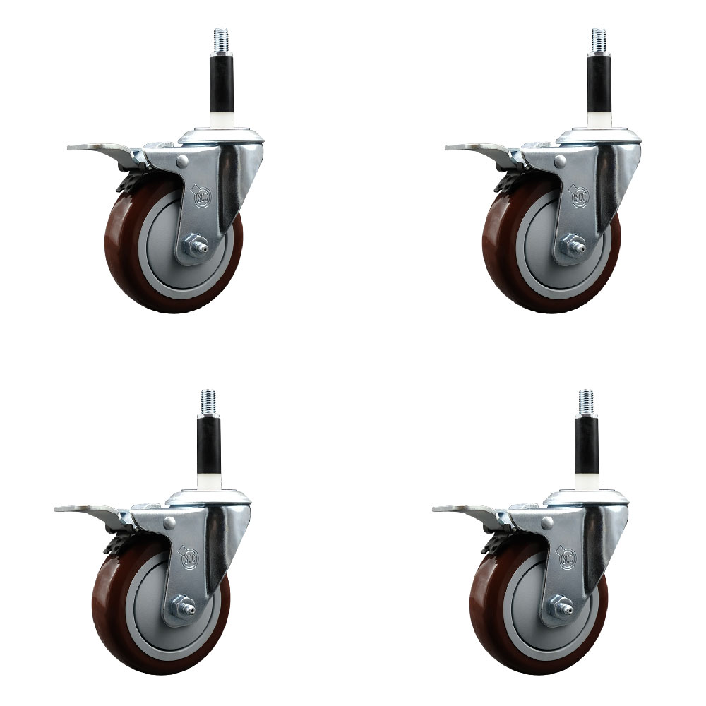 Stainless Steel Polyurethane Swivel Expanding Stem Caster Set of 4 with 4 Inch Maroon Wheels and 7/8" Stems - 4 Swivel with Total Locking Brakes - 350 lbs. Capacity Per Caster - Service Caster Brand — photo 1
