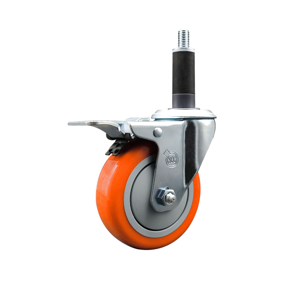Polyurethane Expanding Stem Swivel Caster with 4 Inch Orange Wheel and 1" Stem & Total Locking Brake - 350 lbs. Capacity Per Caster - Service Caster Brand — photo 1