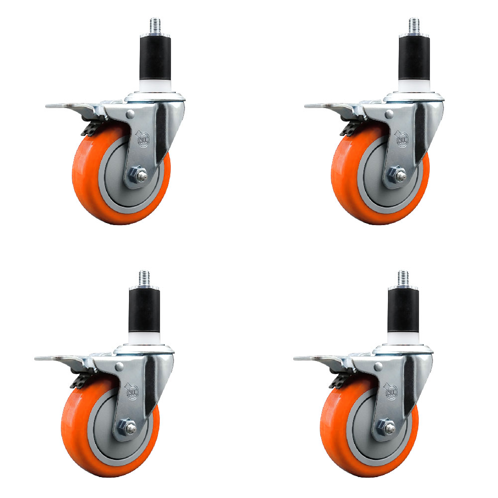 Stainless Steel Polyurethane Swivel Expanding Stem Caster Set of 4 with 4 Inch Orange Wheels and 1-1/2" Stems-Include 4 Swivel with Total Locking Brake-350lbs. Capacity Per Caster-Service Caster Brand — photo 1
